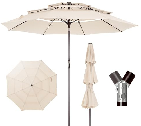 LUE BONA Sombrilla de Terraza, Sombrilla de Jardín de 300 cm, Toldo Ventilado de Tres Capas, Ángulo Ajustable, 8 Varillas y Manivela, Diseño Resistente al Viento