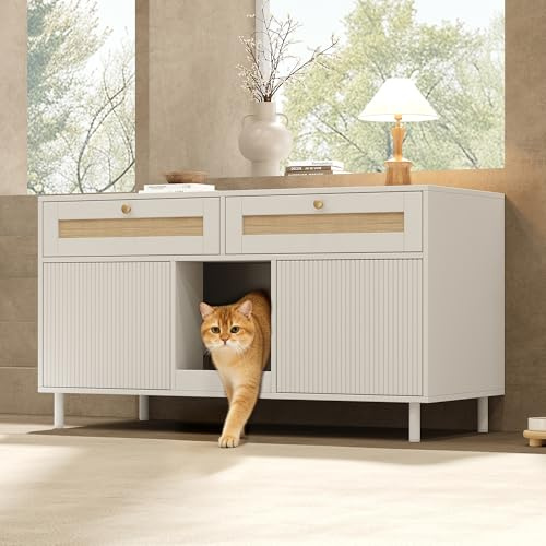 VIVCA Gabinete de arena para gatos con alfombrilla para arena para gatos, armario para mascotas con cajón de ratán, aparador para mascotas, armario para TV, sin caja de arena para gatos, blanco, 120 x