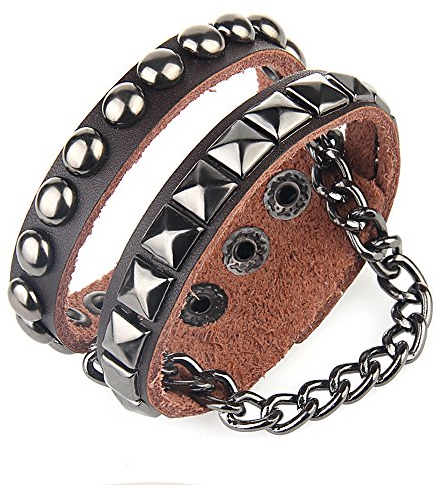Cheerlife Vintage Damen Wickelarmband mit Nieten Rindleder Armband Armreif Wrap Punk Manschette (Kaffee)