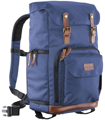 Mantona Luis Retro Zaino fotografico blu, per fotocamera con copertura antipioggia, borsa fotografica con scomparto per laptop, DSLR, 3 obiettivi e accessori fotografici