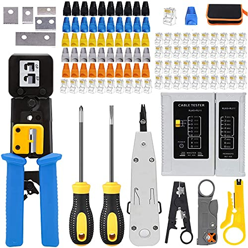 LEATBUY CAT5 Crimper Tool Kit for RJ45/RJ11/RJ12/CAT6/Cat5e, Professional Network Crimper Wire Connector Stripper Cutter, Computer Maintenance Lan Cable Pliers Tester Repair Set(BLUE)