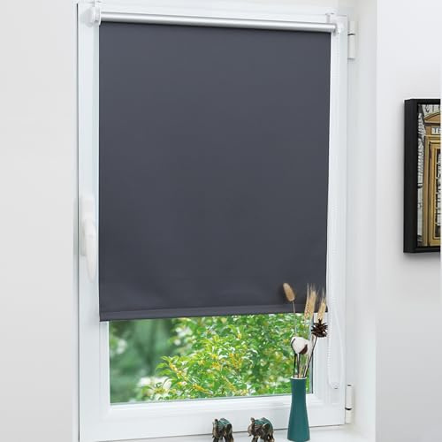 Grandekor Verdunklungsrollo ohne Bohren Dunkelgrau 85 x 120cm(Stoffbreite 85cm) Rollos für Fenster ohne Bohren Verdunkelungsrollo Thermorollo Klemmrollo Fensterrollo verdunkelung Hitzeschutz