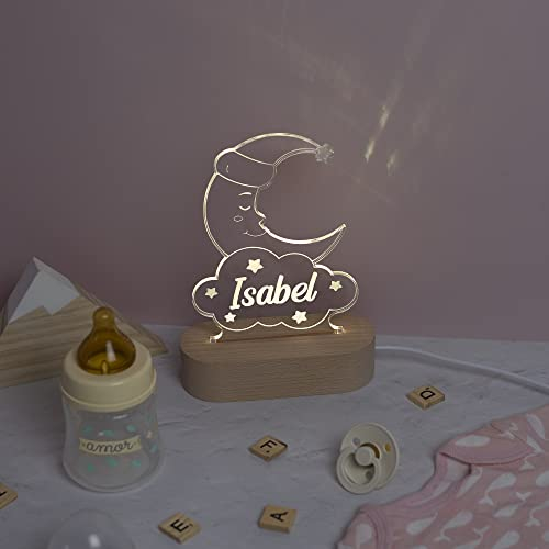 Transparent Gift Lámpara Personalizada con Nombre Luna Durmiendo. Luz LED Quitamiedos. Luz Nocturna Mesita de Noche. Regalos Originales y Personalizados para Cumpleaños. Regalos para Niños y Niñas