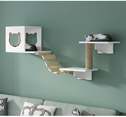 SHIJIANX Estantes para Gatos, árbol de Madera para Gatos montado en la Pared con estantes para Escalar y Barra rascadora de sisal, Muebles de Pared para Gatos de Madera Maciza para Interiores Sistem