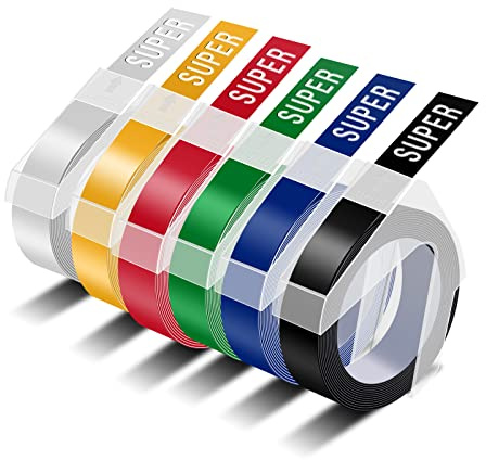 Dymo Nastro adesivo compatibile con nastro adesivo Dymo Omega da 9 mm, etichette Dymo 3D in rilievo verde, nero, giallo, rosso, blu, argento, per DYMO Omega S0717930 Junior S0717900 Motex Embossing