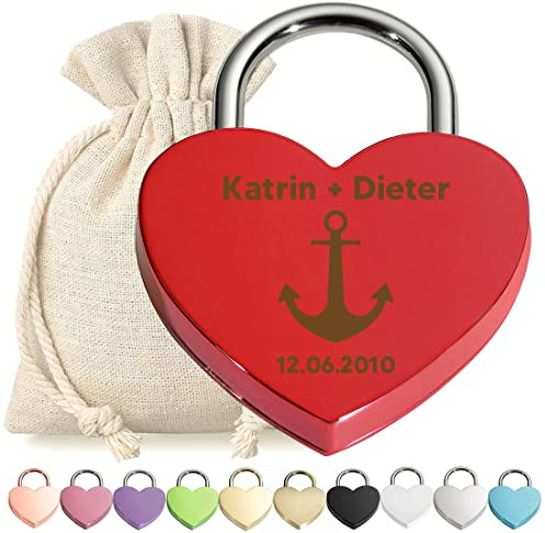 polar-effekt Liebeschloss Herzschloss Schloss Rot mit personalisierter Gravur - Motiv Anker - Metall Vorhängeschloss - Stoffbeutel - Geschenk Jahrestag, Valentinstag - für Sie und Ihn - Liebe, Love