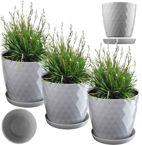 KADAX Blumentopf, Kunststoff Topf-Set mit Untersetzer, Pflanzkübel aus leichtem Material, dekorativer Kräutertopf, Topf für Blumen, Pflanzen, Kaktus und Sukkulente (Set of 3 – 20cm, grau)