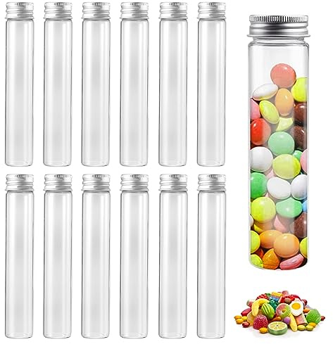 12 Pcs 30 ml Tubos de Ensayo de Vidrio Transparente con Tapones, Tubos de Prueba de Vidrio Transparente Reutilizables, Tubo Ensayo con Tapones para Flores Regalos Dulces DIY decoracion