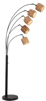 meineWunschleuchte Bogenlampe 5flammig 190cm groß mit Metallfuß Schwarz & Lampenschirme Seegras geflochten