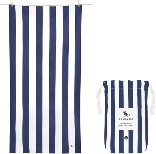 Dock & Bay Quick Dry Beach Towel - Cabana - Navy, Large | Sand-Resistant, Includes Travel Bag, Lightweight & Compact, 100% Recycled DryQ Fabric, Large (160x90cm, 63x35)