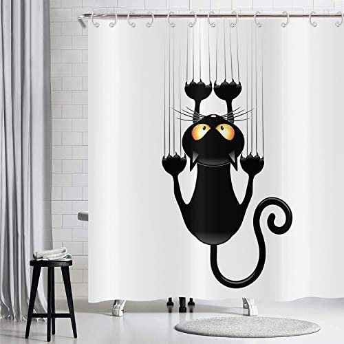 Hnmdmyi Cortina de Baño Gato Divertido 120x200, Gatito Negro Arañando en la Pared Cortina de Baño Niños Lindo Animal de Caricatura Blanco y Negro Minimalismo Arte Cortina de Baño de Tela Impermeable