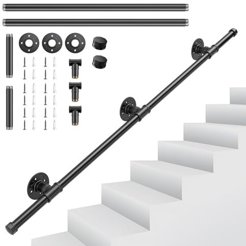 Main Courante pour Escalier, Couleeur Rampe Escalier Intérieur Exterieur Galvanisation Industrielle Antidérapante Poignée Rambarde de Sécurité Support Banister Pour Sécurité Balcon Couloir (1.2 M)