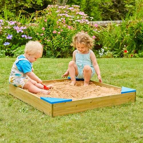 TP Toys Sandkasten aus Holz mit Deckel und Futter, Sandkasten für Kinder ab 2 Jahren, 90 x 90 cm