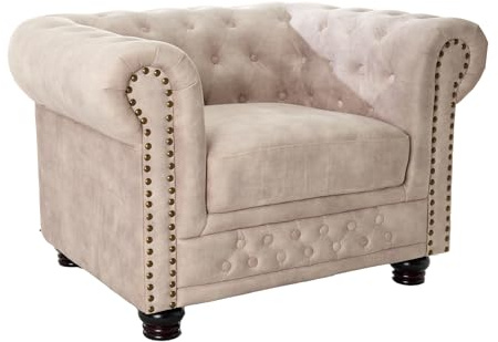 Sessel CHESTERFIELD - 110cm - champagner - Samt Federkern-Polsterung | Armlehne, Rundumbezug, Knopfheftung, Nietenbesatz, Ziersteppung, hoher Komfort, pflegeleicht, abnehmbar
