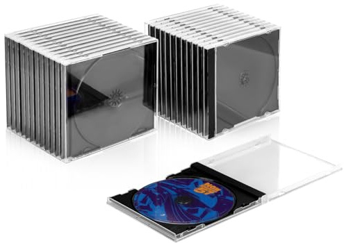 T WaveTree Upgraded Clear CD Jewel Case, CD Storage Case with Assembled Black Tray, Thickened Material, 25 Pack