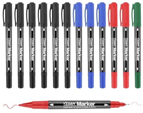YISAN Permanent Marker Thin Permanent Pen 4 Colours with Fine Double Tip, 12 Waterproof Felt Tip Pens for Glass, Stone, 70795