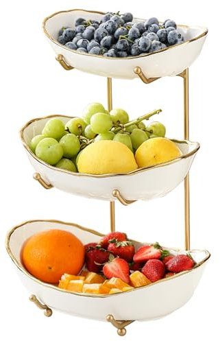 HOMKULA Ceramic Fruit Bowl for Kitchen Counter - 3 Tier Fruit Basket with Metal Stand, Tiered Fruit Stand for Countertop, Snack, Nuts, Cake, Dessert, Cute (Gold-rimmed, Small)