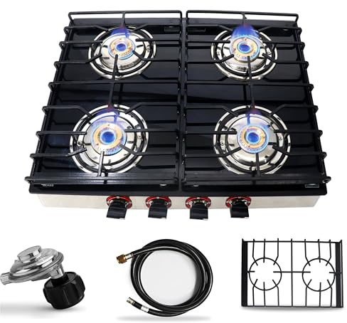 Sonret 4 Burner Gas Stove Top - 25 Black Tempered Glass Counter Top Stove Gas Cooktop, Stainless 4 Gas Stove Burners rv stove for Cooking Range Gas, with Hose & Regulator to Connect propane cooktop