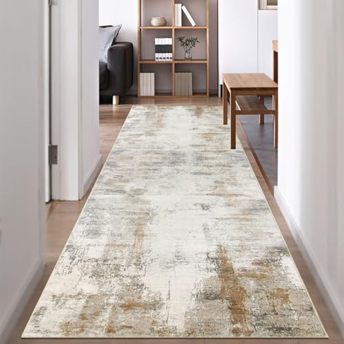 Famibay Tapis Couloir Long 80x300 Lavable en Machine Tapis De Passage Antiderapant Doux Poil Ras Beige Moderne Abstrait Tapis Cuisine Salle A Manger Chambre