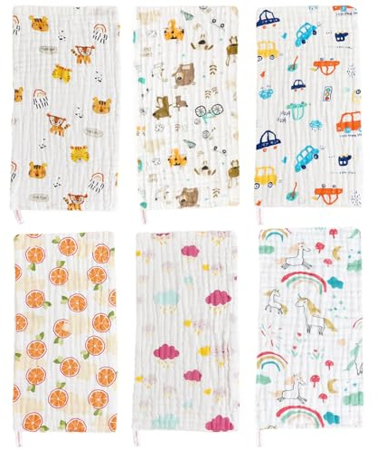 DKDDSSS 6 Stück Spucktücher Baby, Mulltücher Mullwindeln, Musselintücher für Babys, Musselin Waschlappen Baby, 6 Lagig Saugstark Waschlappen, Weich, Langlebig, Luftdurchlässig und Extrem Saugstark