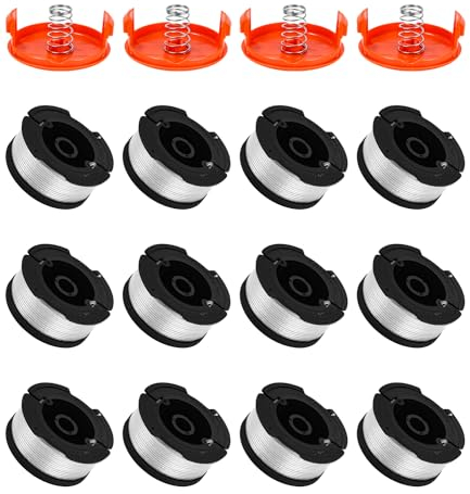 FAOKZE 12 Pack Bobine Tagliaerba per Tagliabordi Black & Decker, A6481 A6485 Bobina per tagliabordi, Ø1,65mm,9m bobina per tagliabordi (12 bobine di ricambio + 4 tappi + 4 molle)
