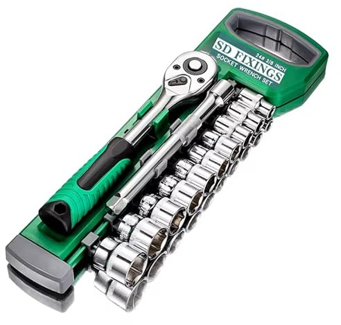 SDFIXINGS 12pcs Metric Socket Drive Set 9-19mm with Quick Release 3/8 Drive Ratchet Wrench 24 Teeth & 6 Extension Bar, High Grade Chrome Vanadium Steel, Rust Resistant, Car Garage Mechanic Home DIY
