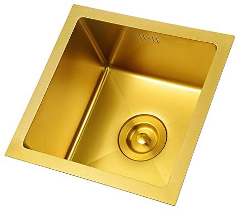 17.7 Gold Square Kitchen Sink Stainless Steel Sink Single Sink Undercounter Kitchen Recessed Sink with Gold Drain Strainer Stopper Single Bowl Undercounter Or Recessed