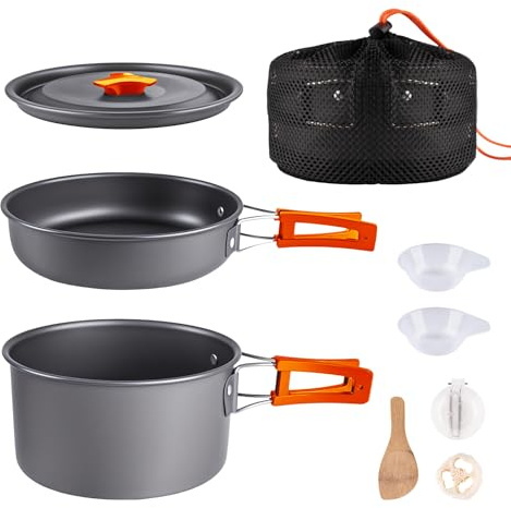 aiGear Campingmatlagnings set köksredskap rörsats med förvaringsväska grytset campingtillbehör för utomhus camping vandring picknick bärbar och lätt aluminiumfärg orange (CC02OR)