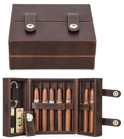 Hiram Zigarren Aufbewahrungskoffer Echtes Leder Zigarren Humidor für 7 Zigarren Doppelt Offene Zigarrenbox mit Zigarrenschneider und Feuerzeugschlitz Multifunktionales Zigarren Etui mit Eingebautem