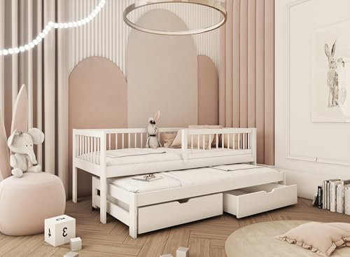 thematys Kinderbett Jugendbett mit Zwei Schubladen und Ausziehbett (Weiß, 90x200cm) für Jungen und Mädchen aus Kiefernholz mit abnehmbaren Rausfallschutz