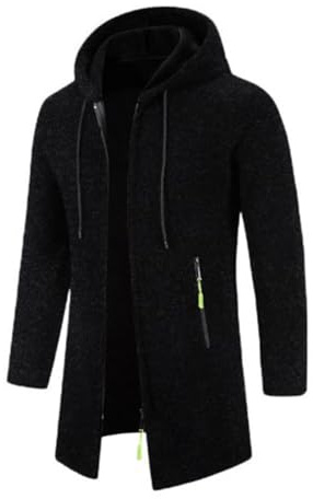Manteaux d'hiver pour hommes, long trench-coat avec capuche, cardigan en tricot, chauds en molleton en peluche, manteaux d'hiver de longueur moyenne, coupe régulière, uni, trench-coat à zip avec veste