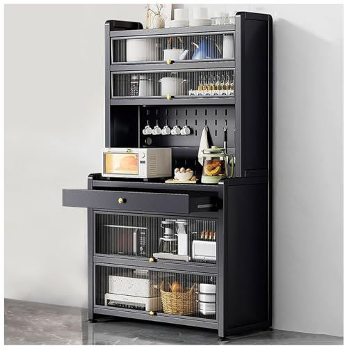 Freistehender Küchenschrank mit Mikrowellenständer, Schubladenrollen, 60 x 172 cm, Schwarz