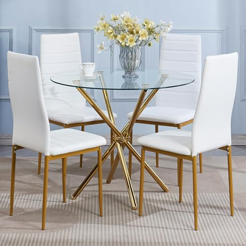 Moderno juego de comedor de 5 piezas con patas doradas, mesa redonda de cristal y sillas de piel sintética, ideal para el hogar, cocina, apartamento, restaurante, espacios pequeños, asientos de 4