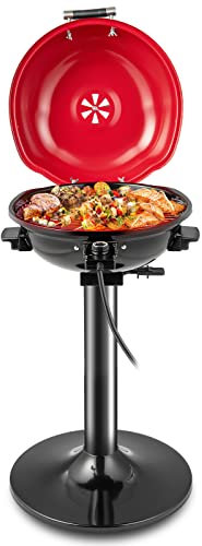 COSTWAY 1600W BBQ Electric Grill, Portable Barbecue Grills with Removable Non-Stick Grilling Rack, Adjustable Temperature & Oil Drip Tray, Indoor Outdoor Freestanding Grill for 15-Serving (Red)