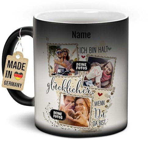 Tassendruck Zaubertasse mit Name & Foto selbst gestalten - Glücklicher, wenn du da bist - Geschenk zum Valentinstag, Jahrestag, Geburtstag, Magic Mug, Personalisierte Farbwechsel-Tasse, 300 ml