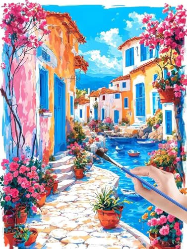 Malen Nach Zahlen Erwachsene,Street, Fluss malen nach zahlen, paint by numbers adult inklusive Pinsel und Acrylfarben, DIY bastelset erwachsene frauen, Zimmer Deko, Geschenk - 40 x 50 cm MK-K