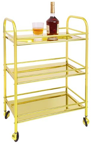 susunnus Barwagen mit Rädern, Edelstahlwagen mit 3 Ebenen, Metallrollwagen, vierdimensionales Geländer-Design, goldfarben, beweglich, geeignet für verschiedene Anlässe, Dinner-Party, Wohnzimmer