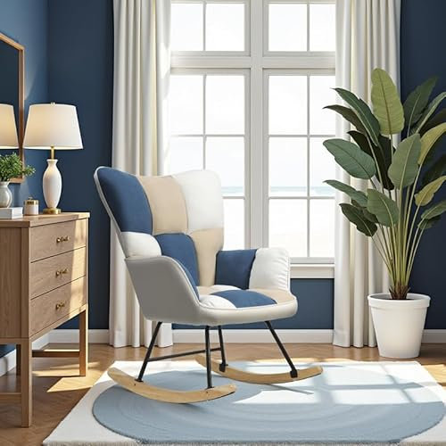 Vielllliving Schaukelstuhl Schwingsessel Armlehnsessel, Relaxsessel mit Schafwolle für Schlafzimmer Ohrensessel Lounge Sessel Wohnzimmer bis 150 kg Belastbarkeit Beige Blau Weiß