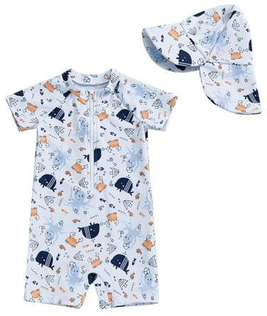 WYTbaby Traje de baño para bebé, ropa UV de una pieza, manga corta, protección UV para bebé niño con sombrero solar, Blanco, 6-12 meses