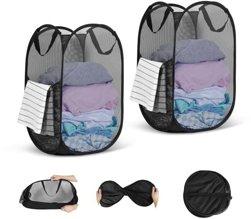WUFANC Pop Up Wäschekorb Faltbar 2 Stück aus Netzmaterial (36 * 36 * 58cm) mit Henkel für Badezimmer, Camping, College Dorm und Reisen