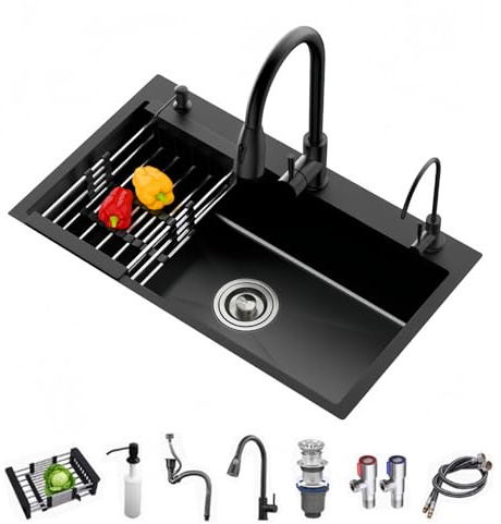Ecoxsnz Fregadero de cocina 80 x 50 cm, Fregadero de cocina un Seno 304 Acero Inoxidable con tres agujeros y dispensador de jabón (Negro, 80x50cm)