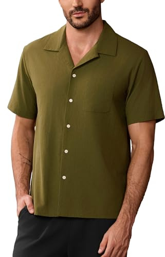 Kallspin herr bomull kuban hals kortärmad button down skjorta avslappnad sommar strand semester Hawaiian skjortor med ficka, Mörkgrön, 3XL