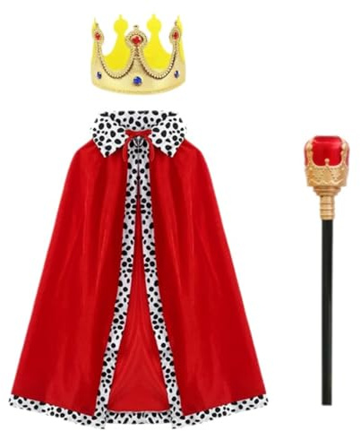 3pcs Disfraces de Carnaval Set de maquillaje de Rey y Reina con corona de tela dorada y cetro rojo dorado de 90 cm capa roja infantil halloween navidad carnaval disfraz espectáculos juego de rol