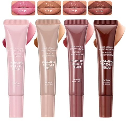 4Pcs Tinted Lip Serum Gloss Set,Jelly Hydrating Shine Pink Nude Red Glossy Lip Balm,Long-lasting Nourishing Vegan Lip Plumper Gloss for Instant Moisture Liquid Lipstick for Women