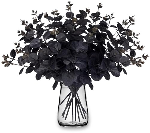 FSLLWGWG 14 Stück Halloween Künstliche Eukalyptus Zweige Kunstpflanzen Schwarz Eukalyptus Blätter Kunstblumen Plastik Pflanzen Deko für Halloween Hochzeit Heimdekoration Tischanordnung (Schwarz)