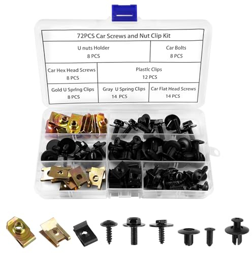 Vylro 72 Pièces Auto Kit à Vis et Écrous, Garde-Boue Boulons et Agrafes | U Clips et Des Vis Kit, Kit Écrous à Tôle Auto, Clips de Fixation Voiture, pour La fixation et Réparation Automobiles