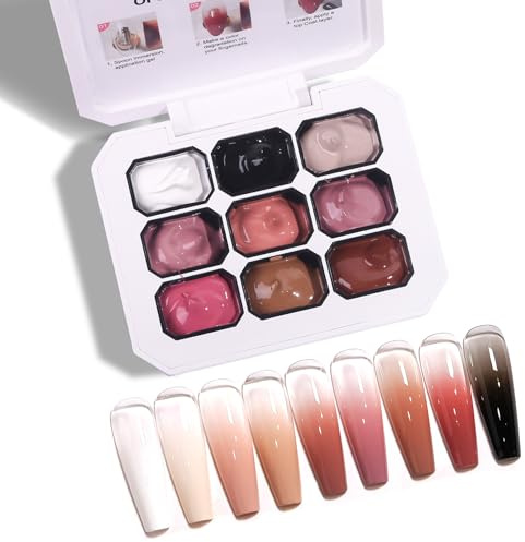 Patting Gel Nail Art Kit, 9 Colors Ombre Gradient Gel Nail Polish Set, Almond Nude Black White Painting, UV LED Soak Off Palette for DIY French Manicure Design, French Manicure DIY, Long Last
