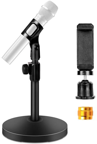 BILIONE Mic Stand Desk with Microphone and Cell Phone Clip, Upgraded Weighted Base, Adjustable Height, Condenser, Podcast, Mike Accessories, 5/8 Male to 3/8 Female Metal Adapter