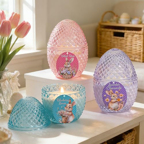 Lanpn 3 Pcs Easter Egg Candles Gift Set, Spring Easter Scented Candle 4.7, Each 3.5oz Soy Wax, Decorative Egg Shaped Jar Candle for Woman, Party Holiday Home Table Decor, Pastel Color