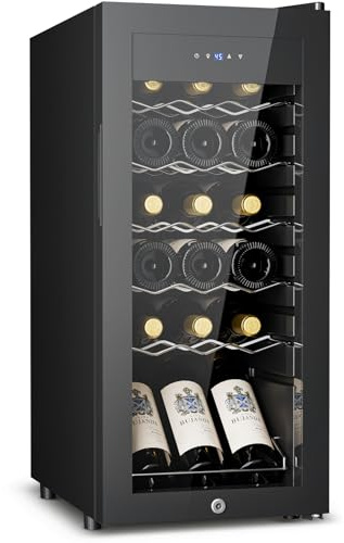 Feelfunn 18 Bottle Wine Cooler Refrigerator - Small Wine Fridge for Red, White, Champagne, Freestanding Wine Cellar with Glass Door & Digital Temperature Control for Home Bar, Office